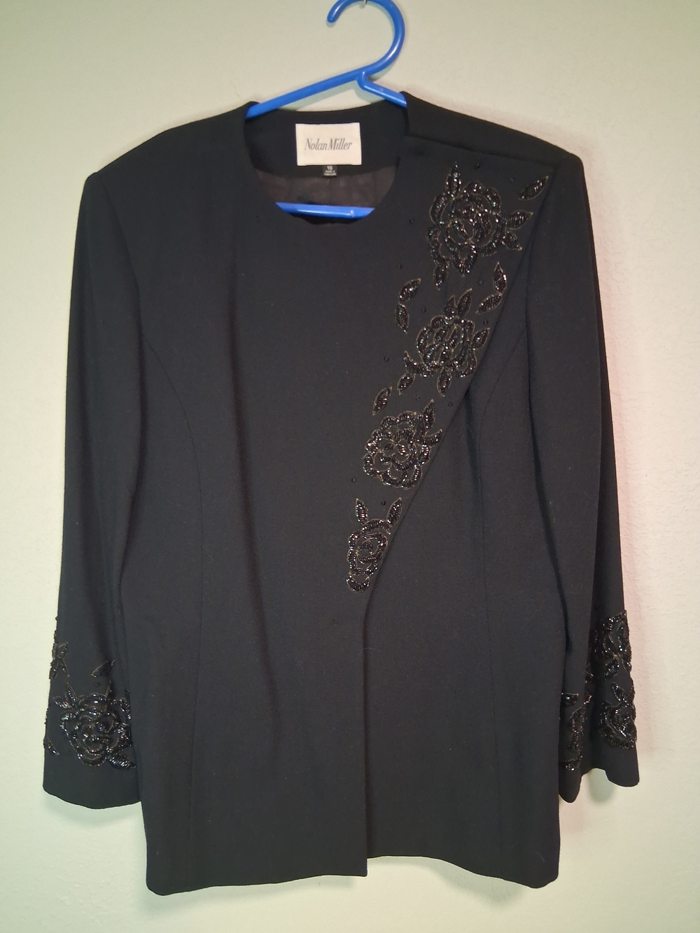 Nolan Miller Beaded Embroidered Blazer Womens 16 Black Wool Shoulder Pad Formal
